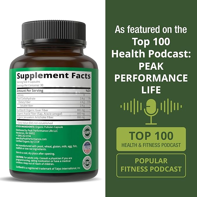 USDA Organic 3-in-1 Prebiotic Fiber - Vegan Capsules for Gut Digestive Health. Raw Whole Food Plant Based Prebiotics Pills Supplement with Inulin (Jerusalem Artichoke) Acacia Fibers SunFiber
