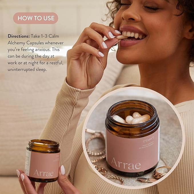 Arrae Calm Cortisol Manager - 60 Stress &amp Panic Relief Capsules - Mood Support Supplement w/L-Theanine Inositol Passionflower &amp Magnesium to Help You Feel Zen