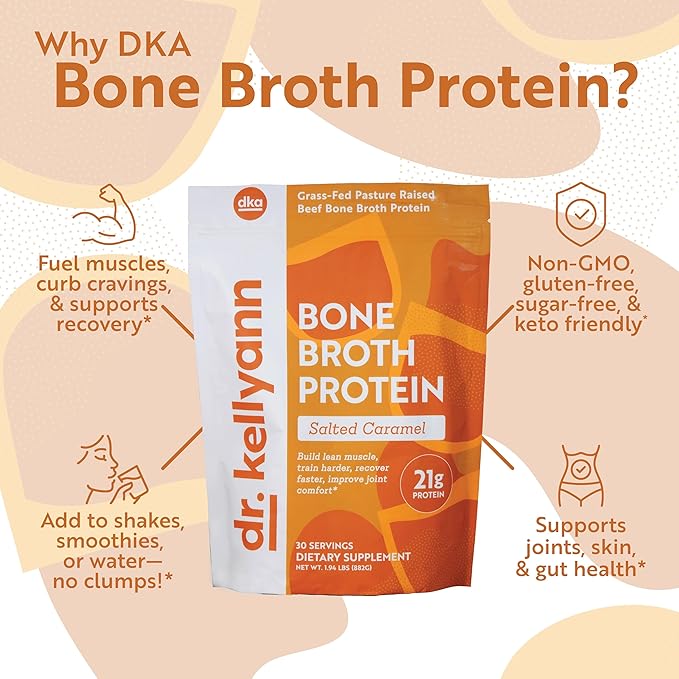 Dr. Kellyann Bone Broth Protein Powder Salted Caramel - 21g Protein Grass-Fed Collagen Sugar-Free Keto &amp Paleo Friendly (30 Servings)