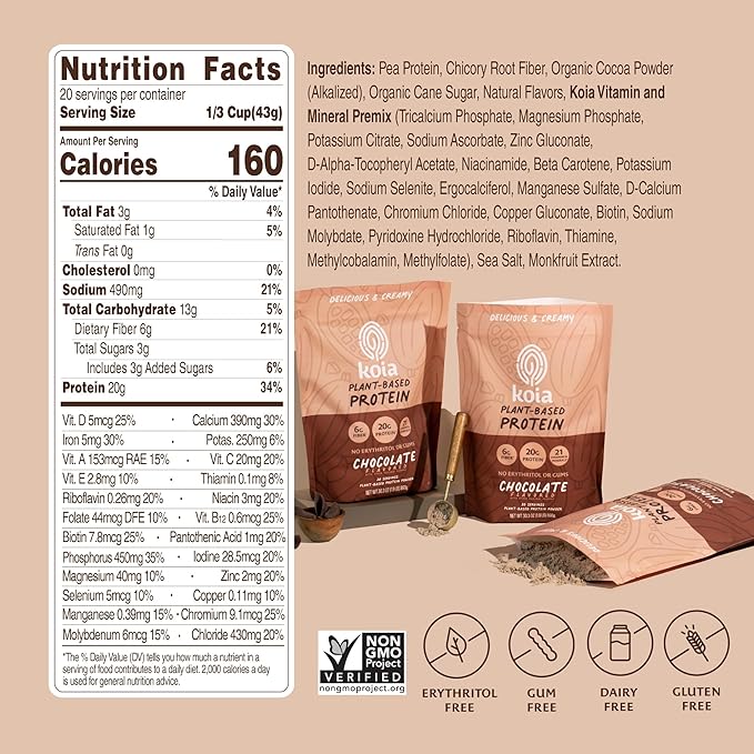 Koia Plant Based Protein Powder Chocolate 20g Protein 3g Sugar 6g Prebiotic Fiber Pre &amp Post Workout 21 Vitamins &amp Minerals No Seed Oils Dairy-Free Gluten-Free Non-GMO 20 Servings