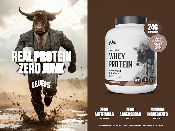 Levels Grass Fed Whey Protein Powder No Artificials 24G of Protein Chocolate Mocha 5LB
