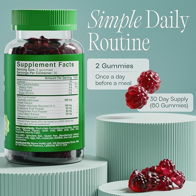 Fiber Gummies for Women - Natural GLP-1 Support with Kiwi Pomegranate &amp Ginger - Sugar Free Digestive Health Supplement Prebiotic FOS Fiber - Vegan &amp Gluten Free (60 Gummies - 30 Day Supply)