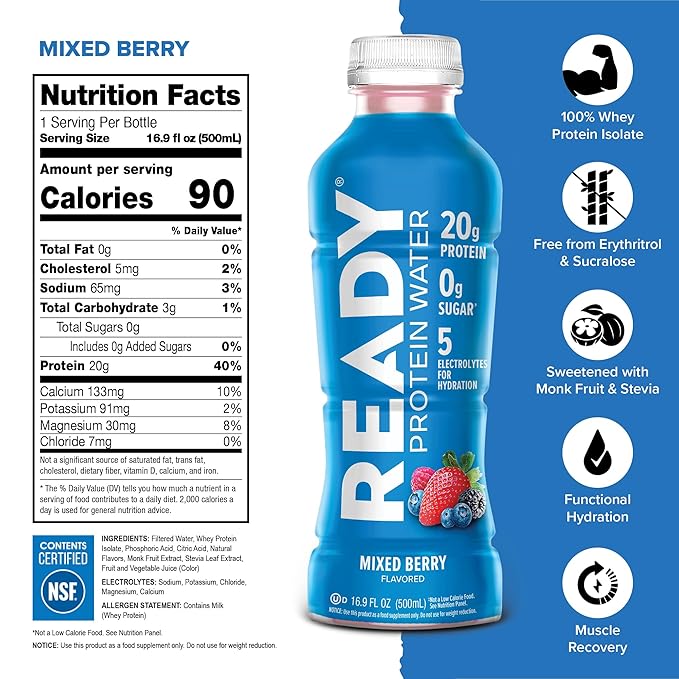 Ready® Clear Protein Water – 20g Whey Protein Isolate Zero Sugar Low-Calorie Sports Drink for Hydration &amp Recovery – Electrolytes Essential Amino Acids – Mixed Berry 16.9 fl oz Bottles (12-Pac