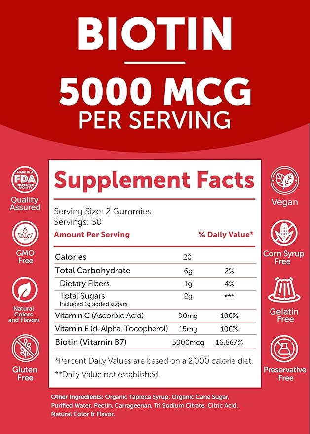 Lunakai USA Made Biotin Gummies 5000mcg with Vitamin C &amp E - Delicious Hair Skin Nails Vitamins for Women Non-GMO Hair Growth Supplement - 6 Pack