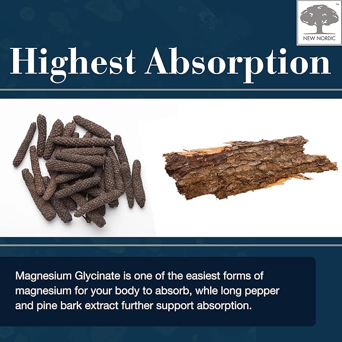 New Nordic Magnesium Glycinate 220 mg Maximum Absorption Tablets with Pine Bark &amp Long Pepper Gentle on Stomach for Women &amp Men 30 Servings