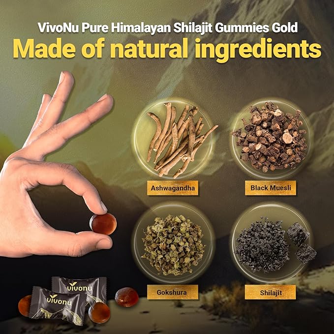 Shilajit Gummies with Ashwagandha &amp Gokshura | 85+ Trace Minerals &amp Fulvic Acid | Organic Non-GMO Micronutrient Supplement for Men &amp Women | 100% Pure &amp Natural