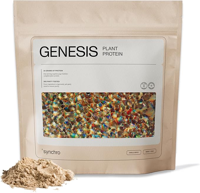Synchro Genesis Plant Based Protein Powder | Vanilla Spice | 30g of Organic Protein Per Serving | &lt1g Sugar | 1g Net Carbs | No Stevia | Superfoods + Prebiotics | Vegan + Keto Friendly
