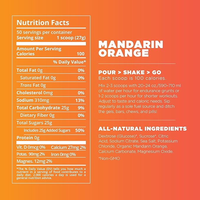 Tailwind Nutrition Endurance Fuel Carbohydrate &amp Electrolyte Sports Drink Mix Powder Gluten-Free Vegan Mandarin 50 Servings