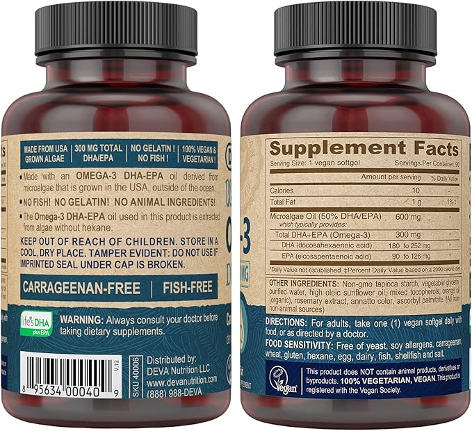 DEVA Vegan Omega-3 DHA EPA Supplement Once-Per-Day Softgel 300 MG - Carrageenan Gelatin &amp Gluten Free - Non-Fish Algae Oil Fatty Acids - 90 Softgels