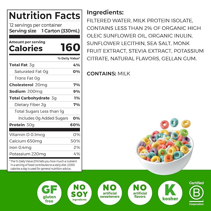 Orgain 30g High Protein Shake Dairy Isolate Milk Protein Fruity Cereal 5g BCAAs &lt1g Sugar Per Serving Meal Replacement Ready to Drink Keto Friendly Gluten-Free 11 Fl Oz (Pack of 12)
