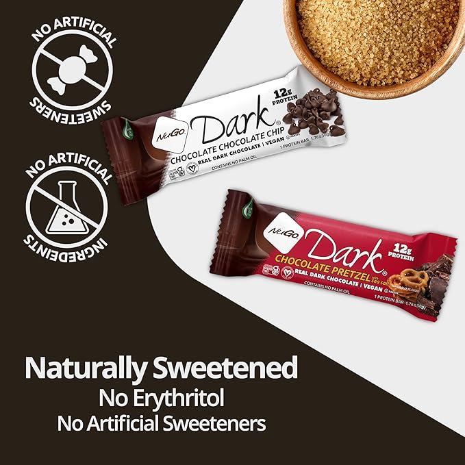 NuGo Dark Variety Box - Pretzel Chocolate Chip Mint Chocolate Chip Mocha Peanut Butter Cup and Almond 11-12g Protein Vegan Gluten Free Kosher Pareve 12 Count Variety