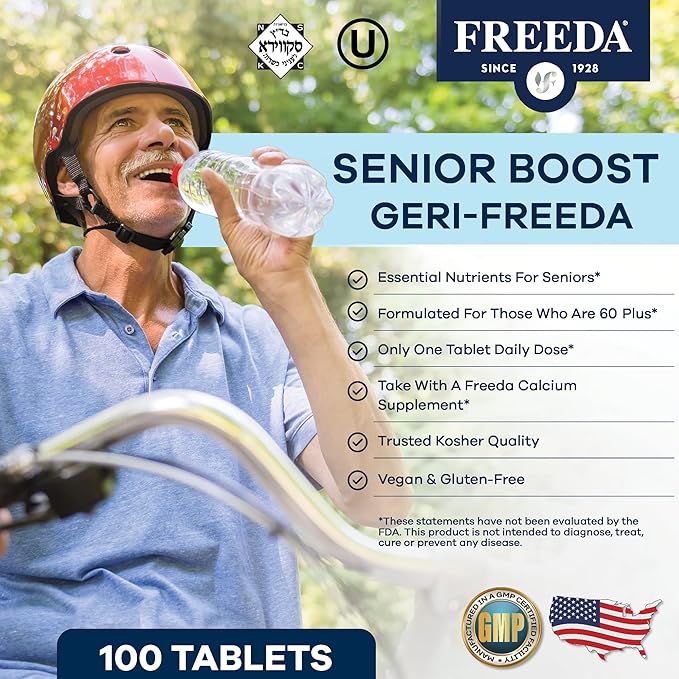 Freeda Senior Multivitamin - Kosher Vitamins for Men &amp Women 60 and Over - One Daily Coated Tablet - Women’s &amp Men’s Vitamins Multivitamin 60 Plus - Vitamins for Women Over 60 Plus Elderly (10