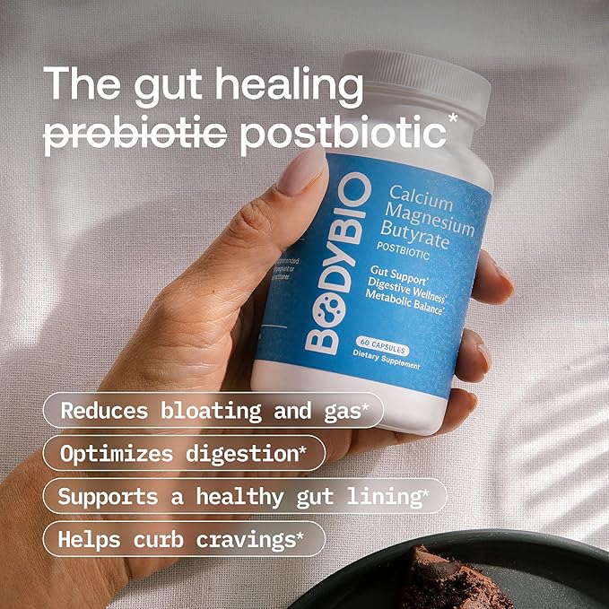 BodyBio Butyrate - Postbiotic for Gut Health Digestive Support Bloat Gas &amp Constipation Relief Leaky Gut Repair - Calcium Magnesium + Butyric Acid Supplement for GI Wellness