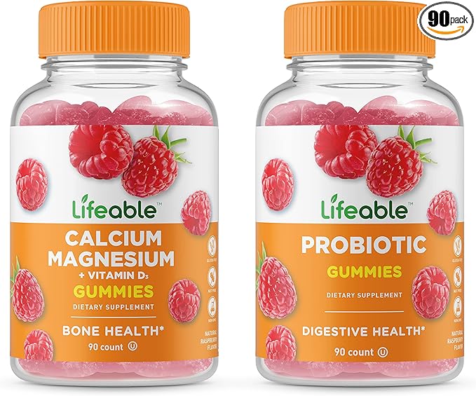 Lifeable Probiotic 2 Billion CFU + Calcium Magnesium Gummies Bundle - Great Tasting Vitamin Supplement Gluten Free GMO Free Chewable Gummy