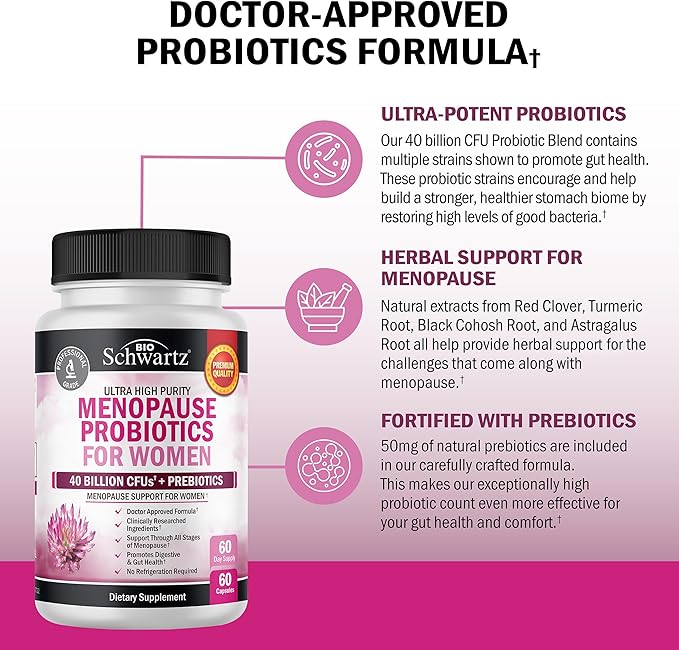 BioSchwartz Probiotic Menopause Supplement for Women (2 Month Supply) Plus Daily Multivitamin for Women 50 &amp Over (1 Month Supply)