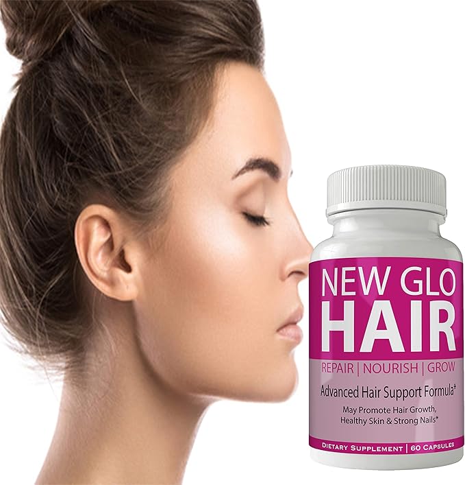 New Glo Hair Skin and Nails Supplement - Advanced Unique Hair Growth Vitamins and Minerals with Biotin - Gluten Free 60 Capsules - Hair Lash Skin and Nails Extra Strength Formula Growth Booster