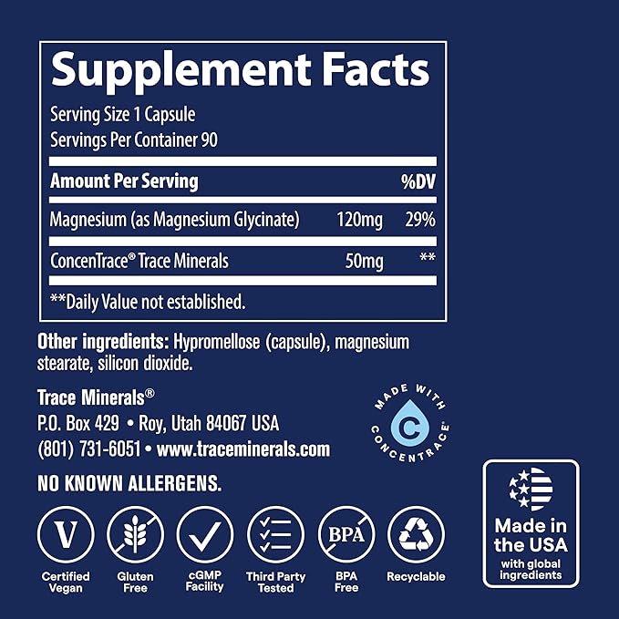 Trace Minerals Magnesium Glycinate - Gentle Magnesium Glycinate Supplement for Healthy Sleep &amp Relaxation Support - Healthy Mind &amp Energy - Vegan - Gluten-Free - 90 Count (90 Servings)