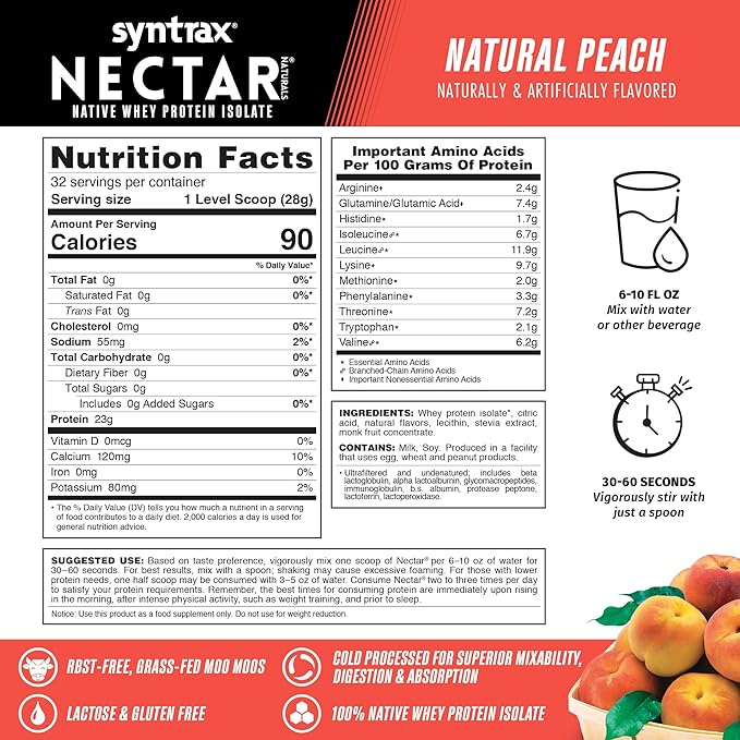 Syntrax Nectar Naturals All Natural Whey Protein Isolate Smooth &amp Juicy Natural Peach 2 lbs.