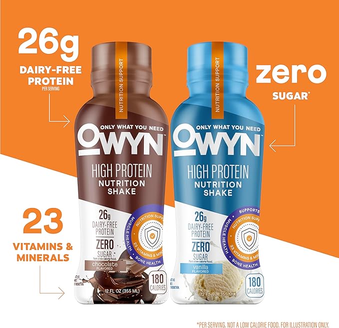 OWYN Only What You Need High Protein Shake Chocolate and Vanilla Flavored 26g Protein 0g Sugar 3g Fiber Dairy Free Plant Based Protein Drink 12 Count