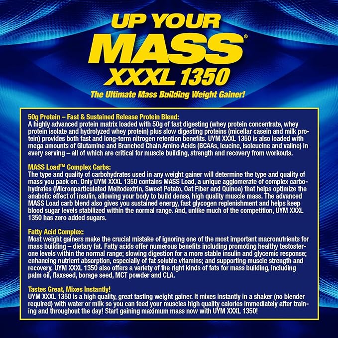 MHP UYM XXXL 1350 Mass Building Weight Gainer Muscle Mass Gains w/50g Protein High Calorie 11g BCAAs Leucine Milk Chocolate 8 Servings