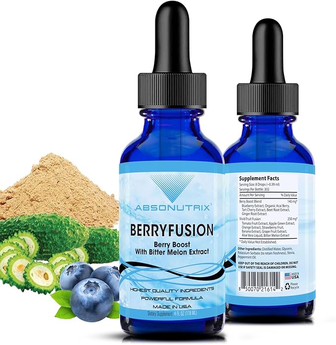 Absonutrix BerryFusion 390 mg 4 FL OZ Liquid 302 Servings Made in USA Plant-Based Ingredients Blueberry Extract Bitter Melon Gluten-Free Non-GMO