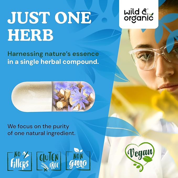Wild &amp Organic Inulin Prebiotic Fiber Capsules 1400 mg - Digestive &amp Gut Support - Chicory Root Inulin Powder Supplement - Vegan No Fillers Non-GMO - 60 Count