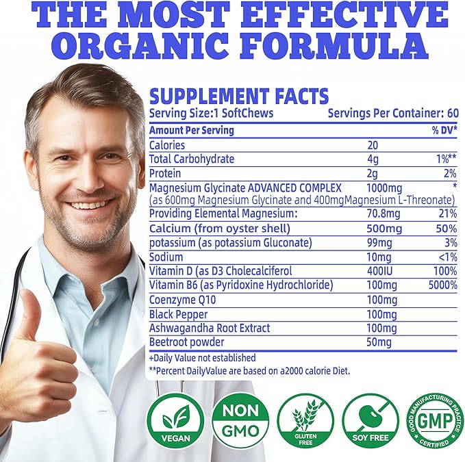Magnesium Glycinate Soft Chews Blueberry Flavor.Chewable Sugar Free Potassium Magnesium Chews with Magnesium Glycinate Vitamin D B6 and CoQ10 for Calm Support &amp Sleep for Adults 60 Days Suppl