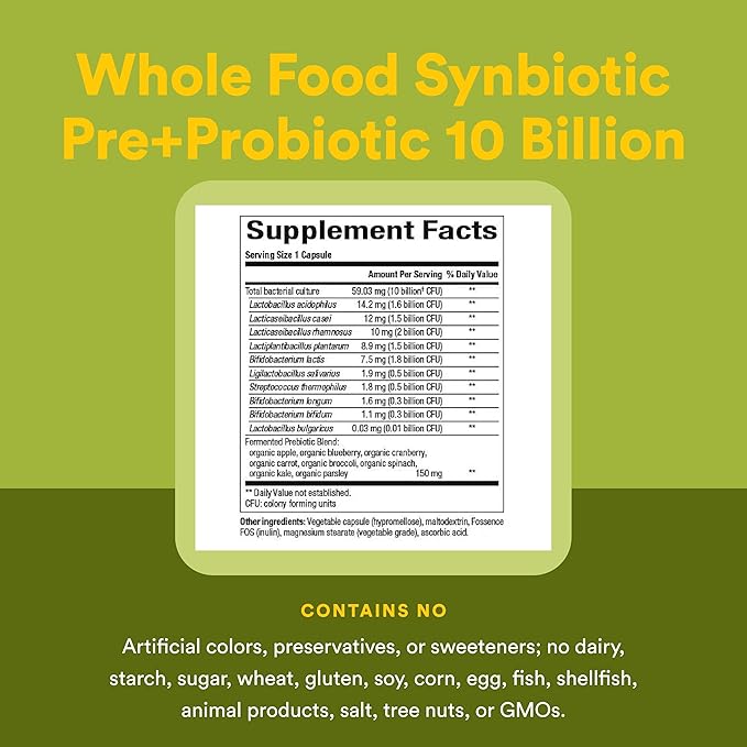 Natural Factors Whole Food Synbiotic Pre+Probiotic 10 Billion - Organic Gut &amp Digestive Health Supplement - Non-GMO Gluten-Free &amp Dairy-Free - 60 Vegetarian Capsules (60 Servings)