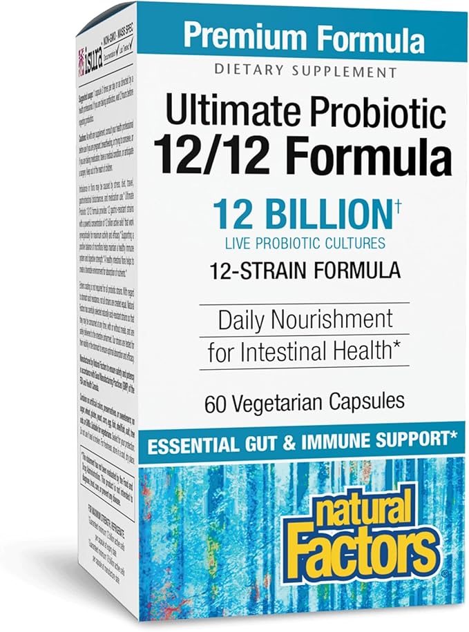 Natural Factors Ultimate Probiotic 12/12 Formula - Digestive Health Support Supplement with Probiotics - Immunity &amp Gut Health Support Supplement - 60 Vegetarian Capsules (60 Servings)