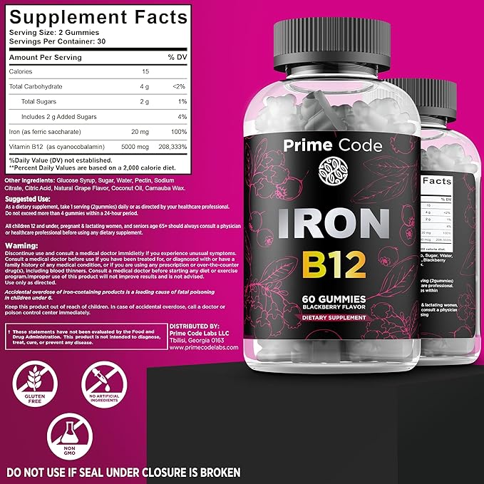 Prime Code Calcium Gummies for Women &amp Men with Magnesium Vitamin B12 Vitamin K2 &amp Vitamin D3 Iron Gummies for Women &amp Men [2 in 1] CoQ10 200mg &amp Vitamin C