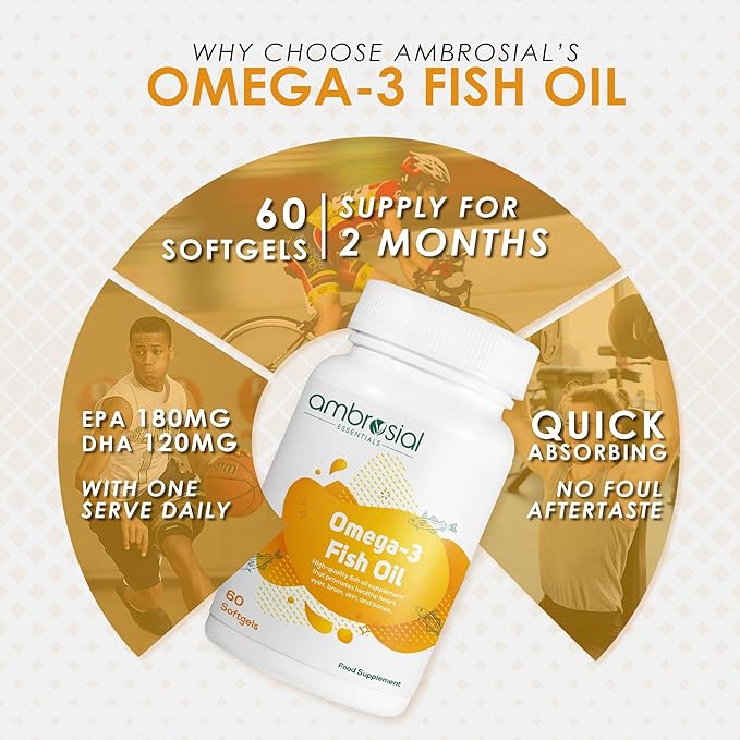 AMBROSIAL Omega 3 Fish Oil 1000mg | 180mg EPA &amp 120mg DHA (Pack of 1-60 Softgels) (Pack of 1-60 Softgels)