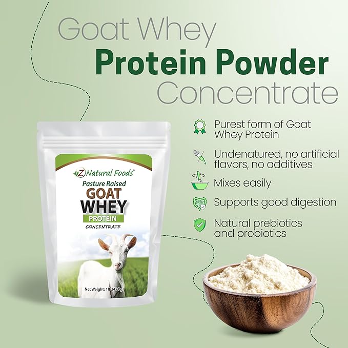 Z Natural Foods Goat Whey Protein Powder Concentrate - Undenatured Unflavored Pasture Raised Whey - Clean Goat Protein Powder with Vital Proteins for Weight Management Immune Support Fitness 1 lb
