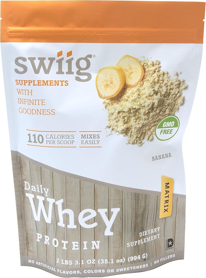 swiig Premium Daily Whey Protein Banana 2.2lb - 20g Protein Gluten-Free Non-GMO No Fillers No Artificial Flavors Enhanced with Amino Acids All Natural Formula