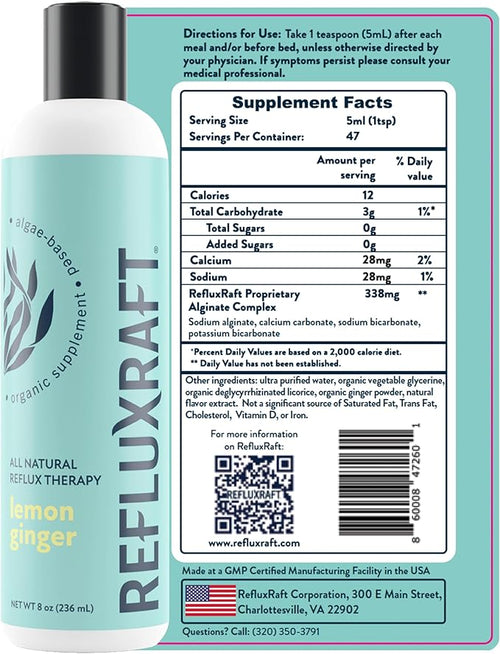 Acid Reflux Therapy with Organic Alginate Rapid &amp Long Lasting Gerd LPR &amp Digestion Symptom Support Zero Sugar Gluten Free Low Sodium Lemon Ginger Flavor 47 Gel Servings 8 OZ Bottle