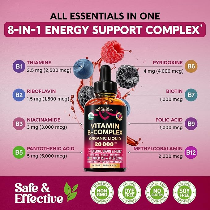 USDA Organic Vitamin B-Complex B5 Pantothenic Acid | B12 Methylcobalamin | B1 Thiamine | B6 Pyridoxine | B7 Biotin | B9 Folic | B3 Niacinamide - B Complex Liquid Drops Made in USA Supplement 4fl oz