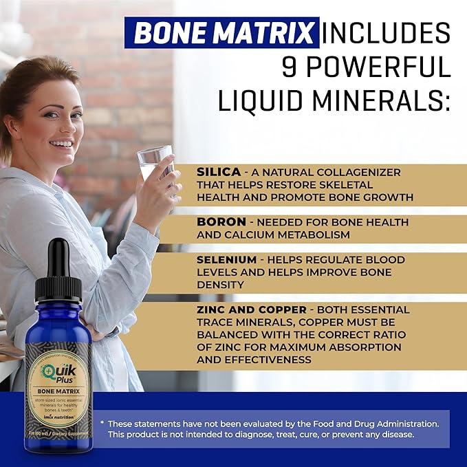 QuikPlus Bone Matrix with Calcium Magnesium Zinc and Potassium - Includes 9 Ionic Liquid Minerals Collagenizer for Bone and Teeth Support Vegan Gluten-Free All Natural (2 Oz)