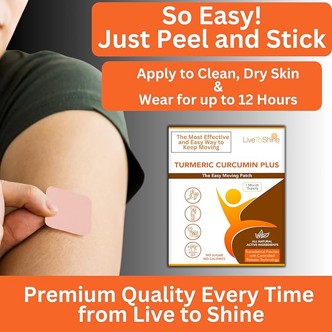 Live To Shine Turmeric Curcumin Topical Patches with Ginger Boswellia &amp Holy Basil – Easy Plant-Based Alternative to Pills – 30-Day Supply – Vegan Clean USA Made