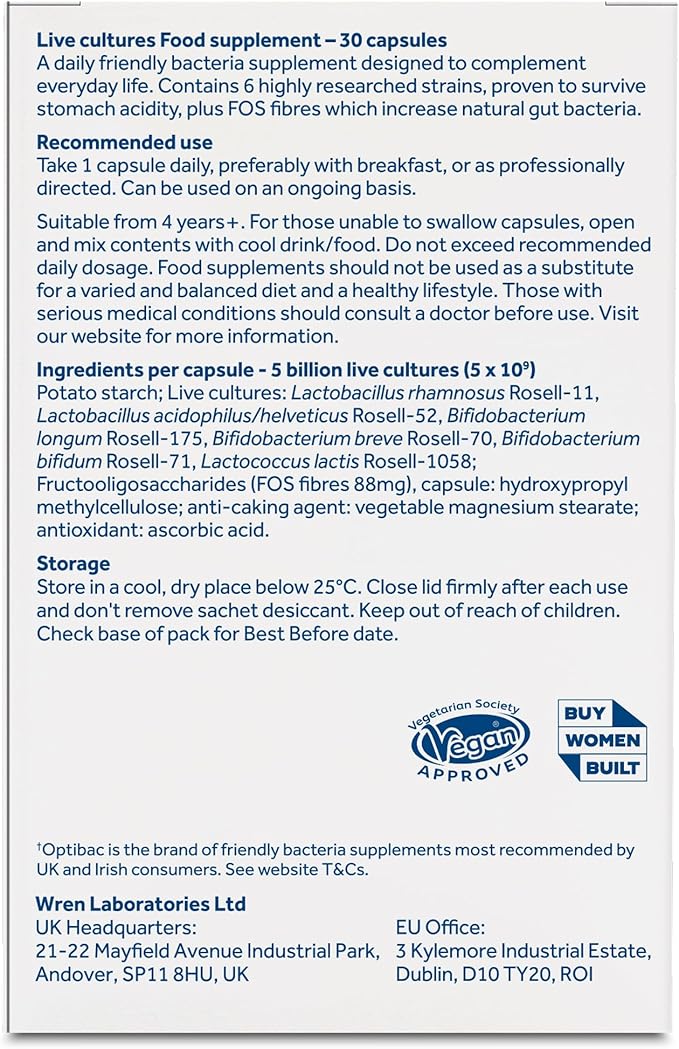 OptiBac Probiotics for Digestive Health 30 Capsules | 6 Scientifically Researched Strains with 5 Billion Live Cultures | Gluten Free &amp Vegetarian | Supports Gut Flora &amp Digestive Health