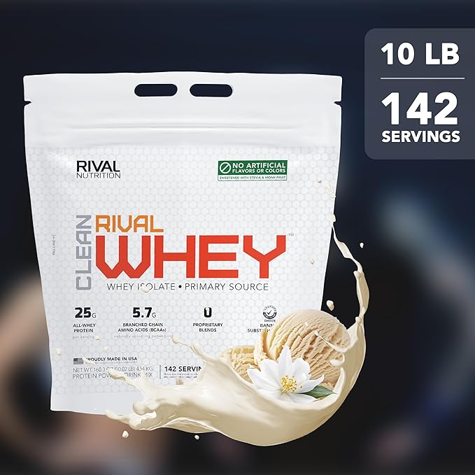 RIVAL NUTRITION Clean Rival Whey – 10LB True Vanilla – 100% Whey Protein Powder Whey Isolate Primary Source | 25g Protein Muscle Gain/Recovery | All Natural No Artificial Ingredients - 142 Servings
