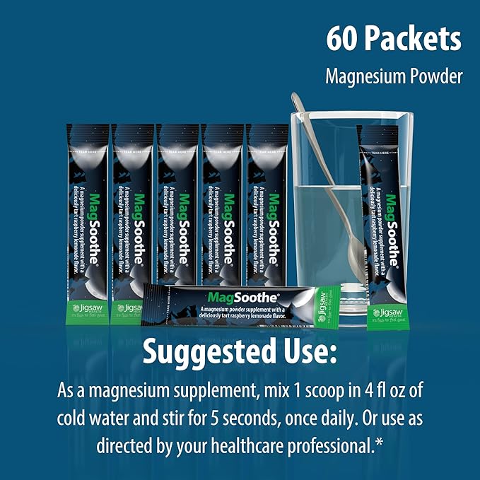 Jigsaw Health MagSoothe | Fast-Acting Calming Magnesium Glycinate Powder Supplement | Raspberry Lemonade Flavor | 60 Servings (Packets)