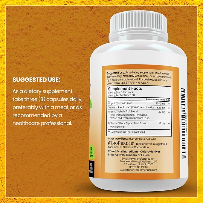 Turmeric Curcumin Supplement - 2250mg/d - Veggie Caps - 95% Curcuminoids with Black Pepper Extract (Bioperine) - 750mg Capsules - 100% Organic - Most Powerful Turmeric (Pack of 3)