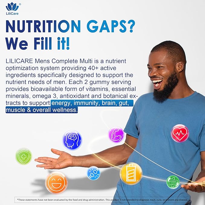 Mens Multivitamins Gummies Methylated Multivitamin for Men B Complex Minerals Vegan Omega 3 Probiotic Enzyme Antioxidants for Men's Complete Daily Support Sugar Free Vegan (No Iron) 60 Counts