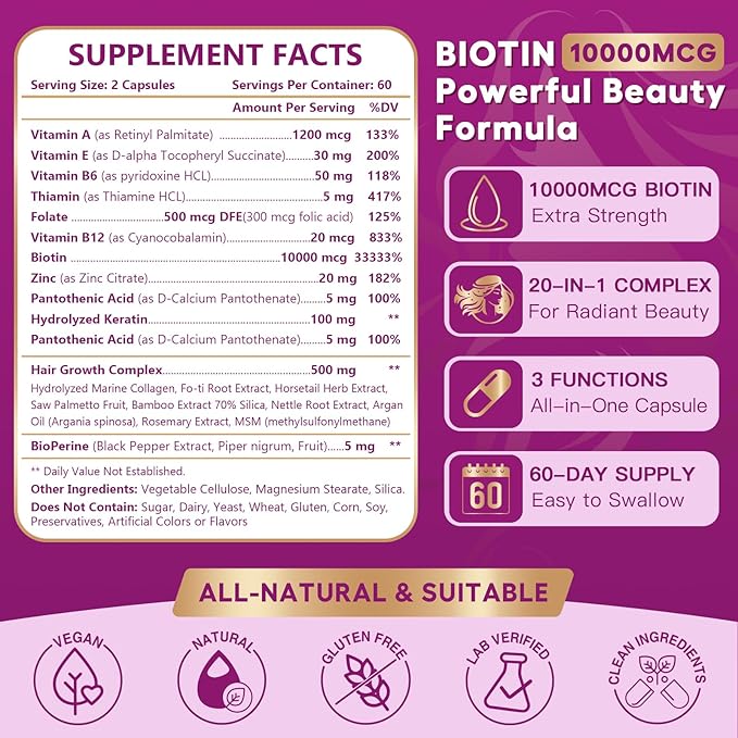 NATURE TARGET Biotin 10000mcg Hair Growth Vitamins – Maximum Strength Hair Growth Supplement with Collagen Keratin Fo-Ti MSM Zinc &amp B Vitamins for Thicker Stronger Hair Skin &amp Nails