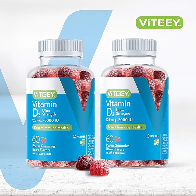 Viteey Vitamin D3 Gummies for Adults &amp Teens - 5000 IU 125mcg Ultra Strength - Joint &amp Muscle Health Immune Boost - Chewable Vitamin D Gummies - Vegetarian Gelatin Free - Tasty Berry Flav