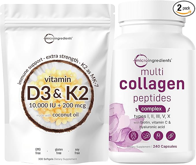 Micro Ingredients Vitamin D3 10000 iu + K2 200 mcg Coconut Oil Softgels &amp Multi Collagen Complex for Women Bundle 2 Pack | Essential Sunshine Vitamins | Hydrolyzed Protein Peptides