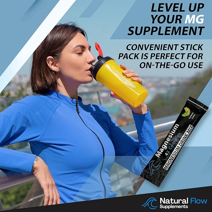 Magnesium Powder Drink Mix - Lemon/Lime - Natural Flow 4X Magnesium Glycinate Taurate Malate Orotate Supplement Calm Sleep and Cramp Support Blend No Mag Citrate or Oxide 30 Packs (Drink Mix)