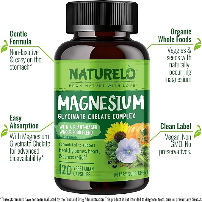 NATURELO Probiotics for Digestive Health - 60 Vegetarian Capsules and Magnesium Glycinate Chelate Complex - 120 Capsules Bundle