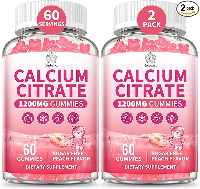 Calcium Citrate Gummies 1200 mg for Adults High Absorption Calcium Supplement for Women &amp Men Sugar Free Non-GMO Gluten Free Supports Muscle &amp Immune - Natural Peach Flavor