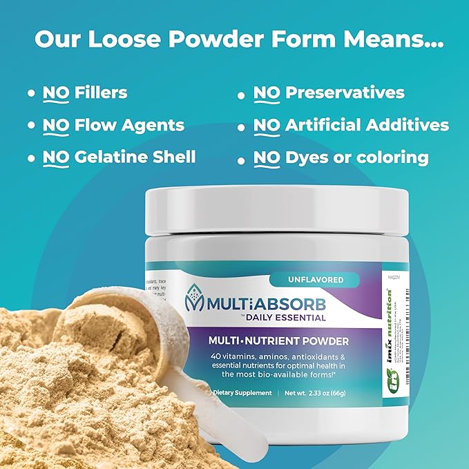 MultiAbsorb~Daily Essential Multi-Nutrient Powder for Optimal Health Vitamins Minerals Antioxidants No Fillers or Preservatives Natural Non-GMO 30 Servings (Unflavored)