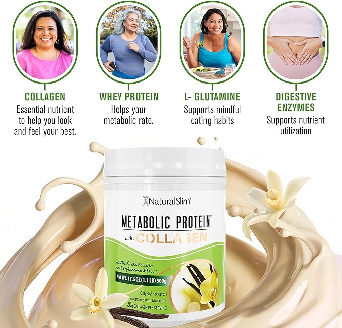 NaturalSlim Metabolic Protein Powder with Collagen whey protein powder shake Hydrolyzed Collagen with L-Glutamine for Metabolic Support Digestion Skin Joints &amp Muscle Low Carb 17.06 oz Vanil